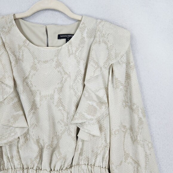 Banana Republic Dress Womens Small Cream Snakeskin Print Ruffle Lightweight - Picture 2 of 11